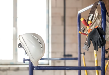 helmet and other builder's accessories in empty room