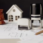 wooden gavel, stamp, notes, and model of house on the table